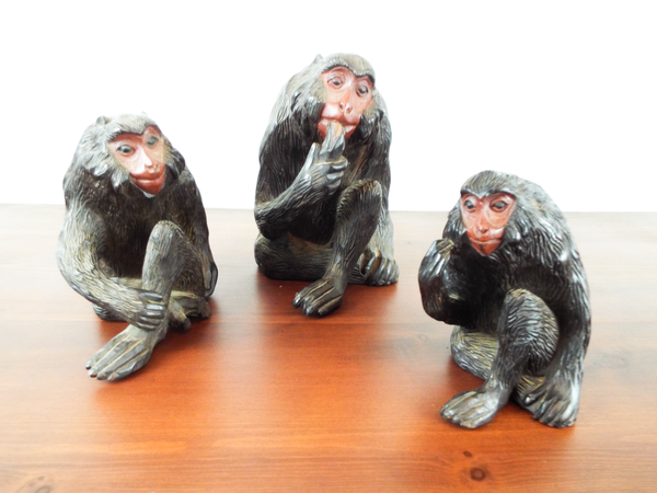 Antique Set Of 3 Japanese Carved Wooden Monkeys 1920s Showa Period