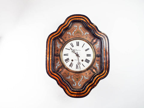 Antique French Wooden Mother of Pearl Inlaid Wall Clock