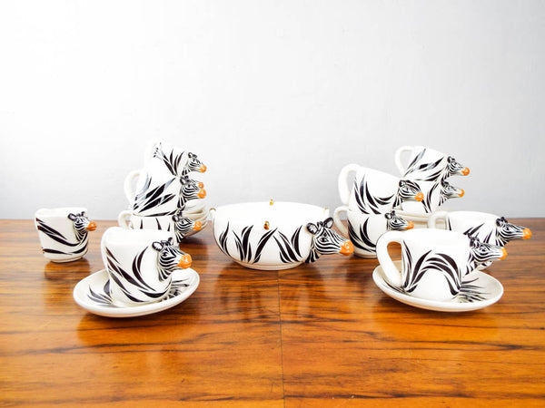 Vintage Whimsical Tom Hatton Zebra Ceramic 25 Set Demitasse Coffee