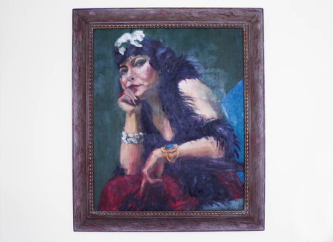 Large Vintage Oil On Canvas Portrait Painting of Lady in a Boa 1930's - Yesteryear Essentials
 - 1