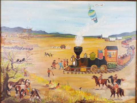 Signed Folk Art Oil Painting by Diana ~ Train & Hot Air Balloon - Yesteryear Essentials
 - 1