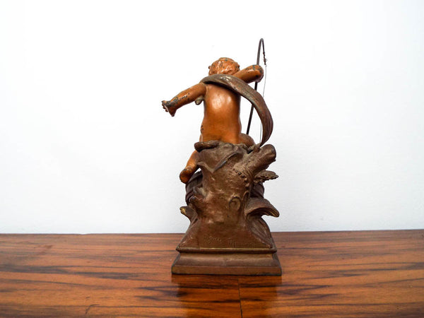 Antique Spelter French Sculpture August Moreau Boy Fish