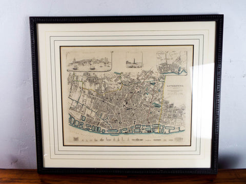 Victorian Framed Color Map Of Liverpool ~ T Starling ~ 1845