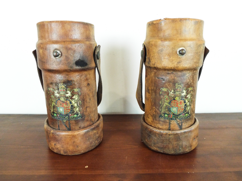 Two Vintage WW2 Leather Ammunition Shell Carrier British Umbrella Cane Bucket