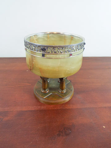 Antique 1910s British Sterling Clad Import Bronze Stone Gem Inset Bowl S & C