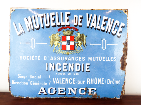 Antique Bowed French Enamel Advertising Sign Mutual Fire Insurance Valence 1920s