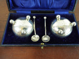 Antique Victorian Cased English Sterling Silver Salt Cellars & Spoons 1889 H & T