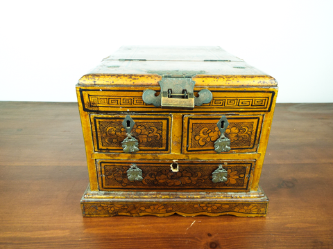Drawers 1920s Jewelry Box Antique Golden Brass Fitted Wooden
