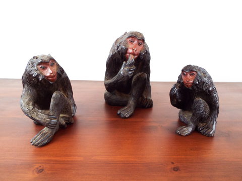 Antique Set Of 3 Japanese Carved Wooden Monkeys 1920s Showa Period Sculptures