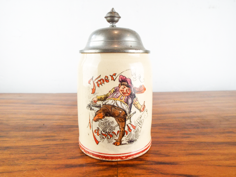 Antique German 1/2L Stein No 557 Pewter Lidded Beer Mug Imer Massvoll Cavalier