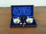 Antique Victorian Cased English Sterling Silver Salt Cellars & Spoons 1889 H & T