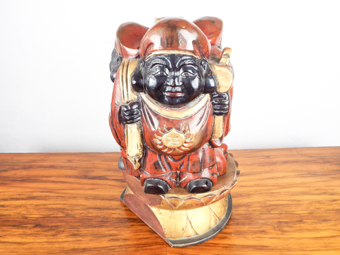 Antique Asian Wooden Art Sculpture Three Star Gods Polychromed Red Black Gold