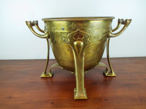 Antique Arts & Crafts Large Planter Heavy Brass Strapwork Art Nouveau Style 1900