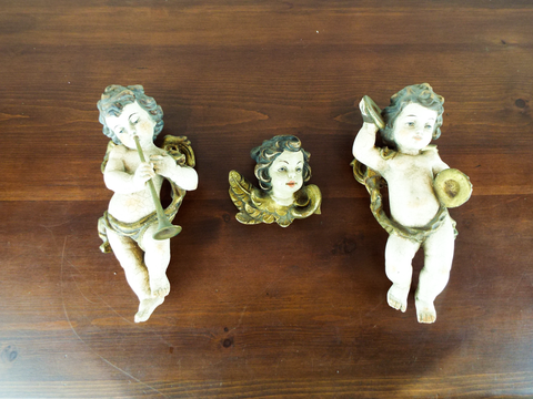 Antique Wooden German Carved Figures Set Of 3 Cherubs Putti Christmas Decor 1910
