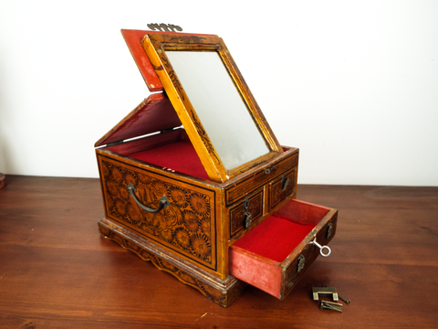 1920s 30s Asian Lacquer Jewelry Box Folding Mirror Chinese Travel Dressing Box