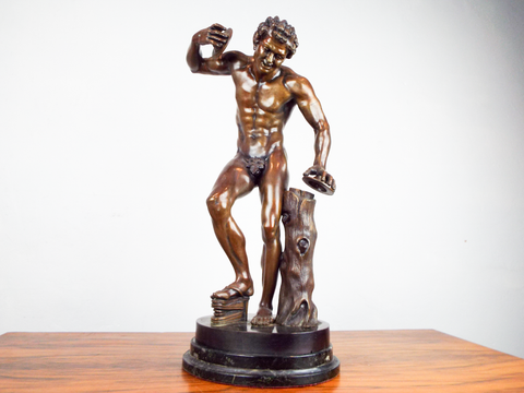 Antique 19th C Large Bronze Art Sculpture Satyr With Cymbals Duchemin Grand Tour
