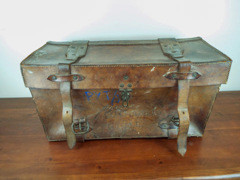 Vintage WW2 British Military Officers Heavy Leather Travel Trunk Case Lt Poupard
