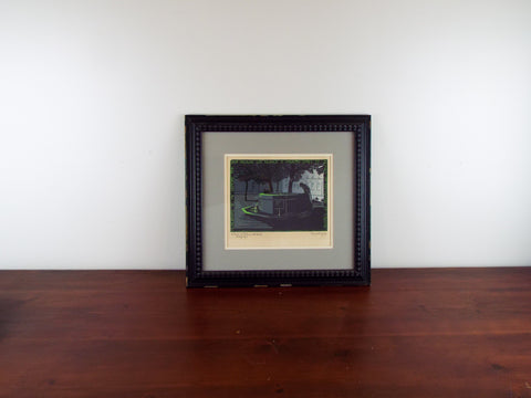 Framed Art Wood Engraving 1960s Maurizzio Allesandri Torino Monk At The Fountain