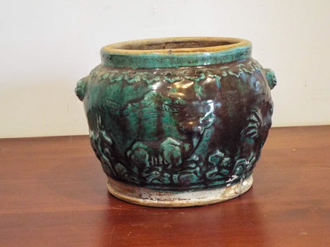 Antique Chinese Green Glazed Ginger Jar 6" Clay Container Old Kitchen Home Decor