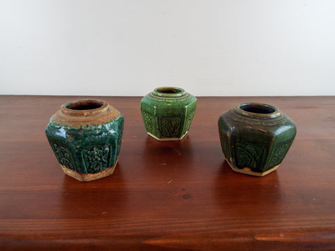 Antique Set Of 3 Chinese Glazed Ginger Jars Hexagonal Clay Containers Home Decor