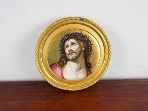 Antique Porcelain Round Plaque Jesus Wears Crown Of Thorns Framed German Art