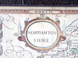 Framed Antique 17th C Hand Color Map Of Northamptonshire