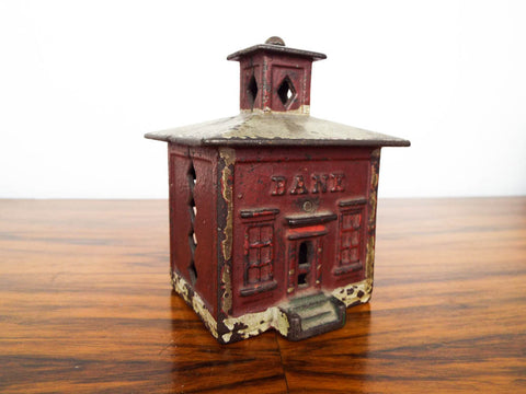 Cast Iron Red House Piggy Bank~ J & E Stevens