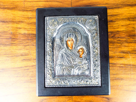 Vintage Greek Religious 950 Sterling Silver Painted Icon Byzantine Art Orthodox