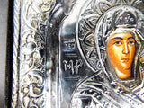 Vintage Greek Religious 950 Sterling Silver Painted Icon Byzantine Art Orthodox