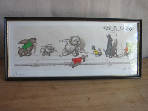1930's signed Boris O Klein Canine Hand Colored Print - 'A La Queue' - Yesteryear Essentials
 - 1