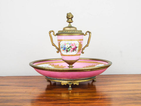 Antique French Pink Porcelain and Ormolu Decorative Desk Inkwell ~ Sevres Style - Yesteryear Essentials
 - 1