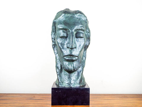 Vintage Large Signed Bronze Head Jesus Sculpture Male Statue