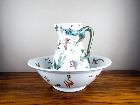 Antique British Porcelain Pottery George Jones Majolica Wash Basin and Pitcher - Yesteryear Essentials
 - 1