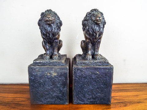 Pair of Vintage Addotta Bronze Lion Sculpture Statue Figural Bookends by Hamilton Studios