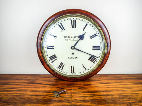 Antique English Mahogany Cased Birch & Gaydon Fusee Movement Wall Clock 153 Fenchurch Street, London 1920's