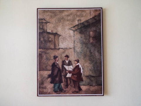 Vintage Oil on Canvas Impressionism Textured Painting of Men in Street Scene by Emil