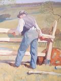 Vintage 1930s WPA Style Oil Painting of Country Landscape Working Men Scene