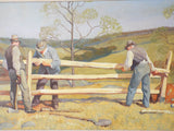 Vintage 1930s WPA Style Oil Painting of Country Landscape Working Men Scene