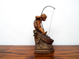 Antique Spelter French Sculpture August Moreau Boy Fishing