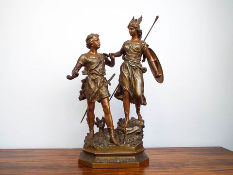 Antique Metal 19th C Sculpture Siegfried & Brunhild Germanic Folk Figural Statue