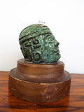 Vintage Green Stone Mayan Bust Head Sculpture Statue w/ Silver Crown