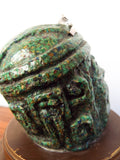 Vintage Green Stone Mayan Bust Head Sculpture Statue w/ Silver Crown