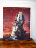 Vintage Large Signed H Hayden Oil Canvas Painting Red Painting Art Mother & Baby
