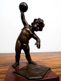 Antique Bronze Eugene Provost Cupid Weightlifting Sculpture