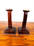 Antique British Arts & Crafts Wooden Candlesticks Brass Trim 1900 Square Gothic