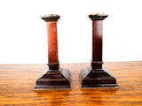 Antique British Arts & Crafts Wooden Candlesticks Brass Trim 1900 Square Gothic