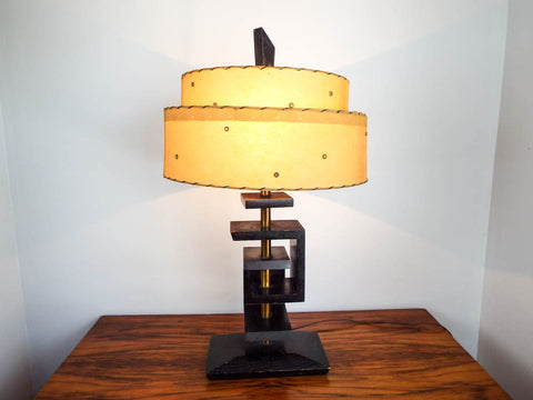 Retro Wooden Mid Century Table Lamp with Western Hide Shade