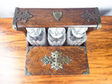 Antique Victorian English Oak Tantalus Tabletop Cigarette Box Secret Drawer 1880